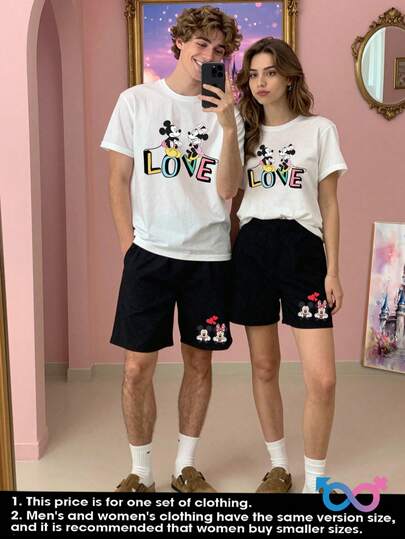 Disney 米奇印花男士休闲家居服两件套，圆领上衣和短裤，适合春夏穿着