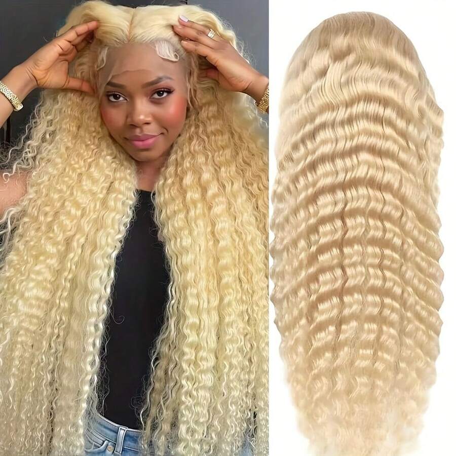 13x4 HD Lace Frontal Wig With 613 Blonde Deep Wave Human Hair - 250% Density Pre-Plucked With Baby Hair, Natural Looking Hairline & Scalp Texture, Comfortable Fit For Everyday & Special Events, Blonde Lace Front Wigs - S613 - 查看 1