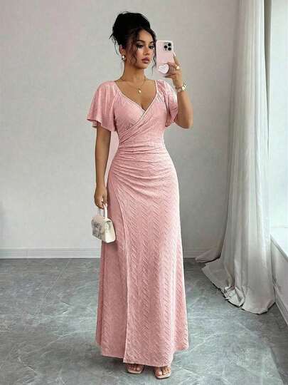 Vestido morado claro con cuello en V, mangas con volantes, cintura plisada y abertura, vestido elegante de dama de honor, vestido de fiesta, primavera/verano