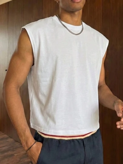  FRACTYR Men's Summer Casual Street White Short Solid Color Tank Top, Loose Comfortable Breathable Essential Item For Summer Wear