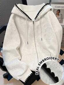 Sudadera con capucha y cremallera para mujer talla estándar, color rosa sólido, manga larga, bolsillo canguro y bordado de fresa, estilo casual y dulce, ideal para todo el año, uso diario, actividades al aire libre, gimnasio, escuela, combinaciones con jeans, leggings y faldas - Gris - Ver 12