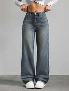 Pantalones vaqueros anchos sueltos y versátiles de mujer con diseño de bolsillos - Azul lavado oscuro 4 - Ver 7