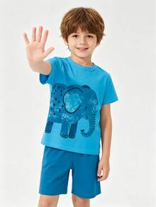 2pcs Boys Elephant Print Short Sleeve Shorts Pajama Set, Comfortable Casual, Suitable For 4-7 Years Old Boys, Can Be Used As Holiday Gift, Boys Loungewear, Children Clothing - Dusty Blue - View 7
