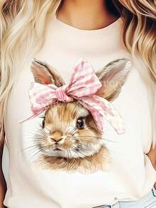 1pc Women's Easter Bunny And Bow Print Slim Fit T-Shirt | Short Sleeve Round Neck Casual Top, Bunny Face Design, Spring Summer Casual Dress, Easter Wear, Machine Washable Comfortable T-Shirt, Loose Fit Mid-Rise Elastic Fabric Short Sleeve Graphic - White - View 2