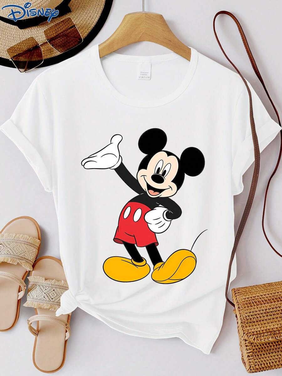 Disney 1件装女士迪士尼米奇图案印花短袖T恤，圆领，弹力面料，易护理，适合日常穿着，时尚女士短袖T恤，休闲服饰 - 黑色 - 查看 1