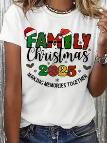 2025 Family Christmas "Creating Memories Together" Pattern T-Shirt - Casual Crew Neck Short-Sleeve Cotton T-Shirt, Ultra Soft And Breathable, Adorned With Festive Christmas Hats, Hollow And Snowflake Prints - Perfect For Holiday Parties, Christmas Eve Celebrations And As A Warm Gift For Family, Friends And Loved Ones. - 白色 - 查看 1