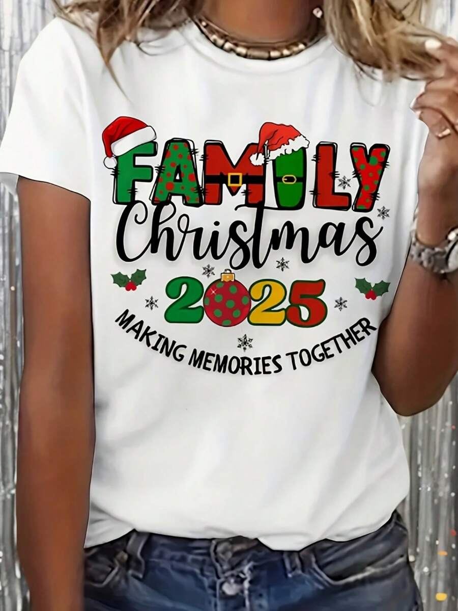 2025 Family Christmas "Creating Memories Together" Pattern T-Shirt - Casual Crew Neck Short-Sleeve Cotton T-Shirt, Ultra Soft And Breathable, Adorned With Festive Christmas Hats, Hollow And Snowflake Prints - Perfect For Holiday Parties, Christmas Eve Celebrations And As A Warm Gift For Family, Friends And Loved Ones. - 白色 - 查看 1