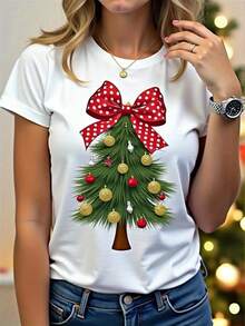 Women's 100% White Retro Christmas Tree Print T-Shirt - Short Sleeve Crew Neck Top With Red And Green Bow And Gold Ornaments, All Season Party Dress, Beachwear And Everyday T-Shirt For Christmas Celebrations - 白色 - 查看 1