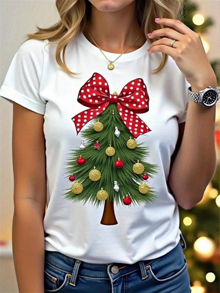 Women's 100% White Retro Christmas Tree Print T-Shirt - Short Sleeve Crew Neck Top With Red And Green Bow And Gold Ornaments, All Season Party Dress, Beachwear And Everyday T-Shirt For Christmas Celebrations - 白色 - 查看 1