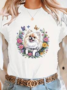 Camiseta con impresión de flores silvestres, camiseta casual de cuello tripulación de manga corta para verano y primavera, ropa de mujer - Blanco - Ver 2