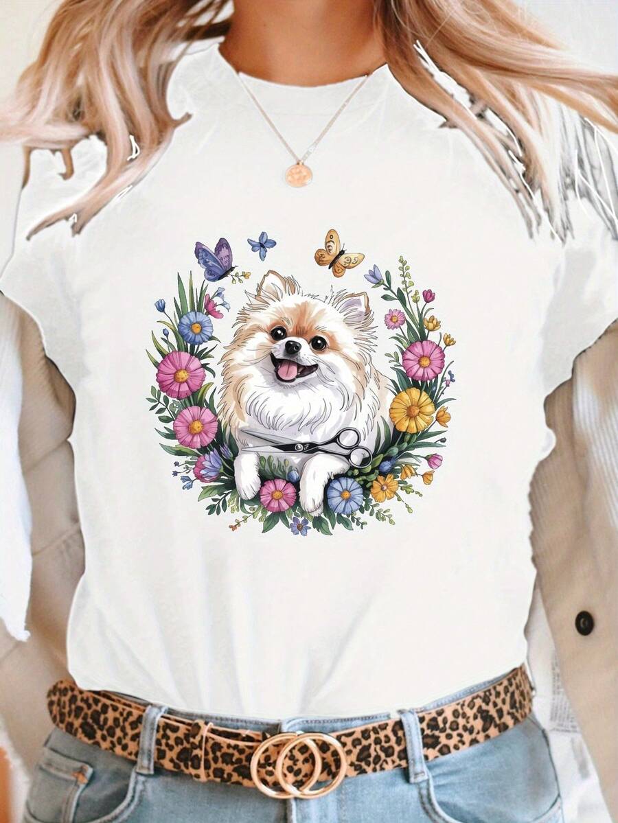 Camiseta con impresión de flores silvestres, camiseta casual de cuello tripulación de manga corta para verano y primavera, ropa de mujer