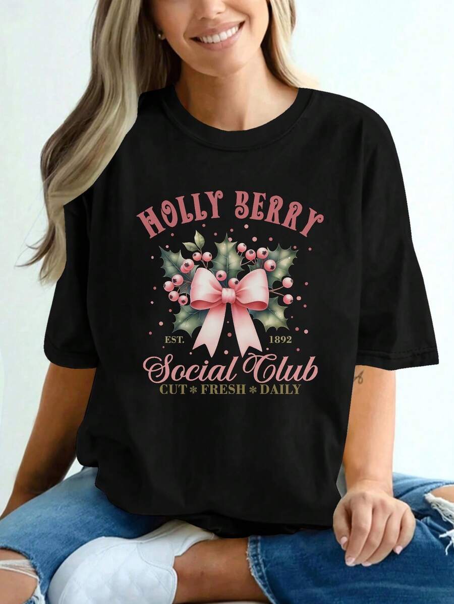 Camiseta pura de las mujeres con arco rosa y hoja hueca verde impresión - Blusa de cuello redondo de manga corta suave, toque de arco rosa casual y desgaste de oficina, top de verano transpirable, camisa botánica de ajuste suelto lavable a máquina (sin limpieza en seco)