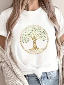 Árbol de la vida con nudos celtas impresión camiseta, manga corta cuello de tripulación top casual para verano y primavera, ropa de mujer - Blanco - Ver 2