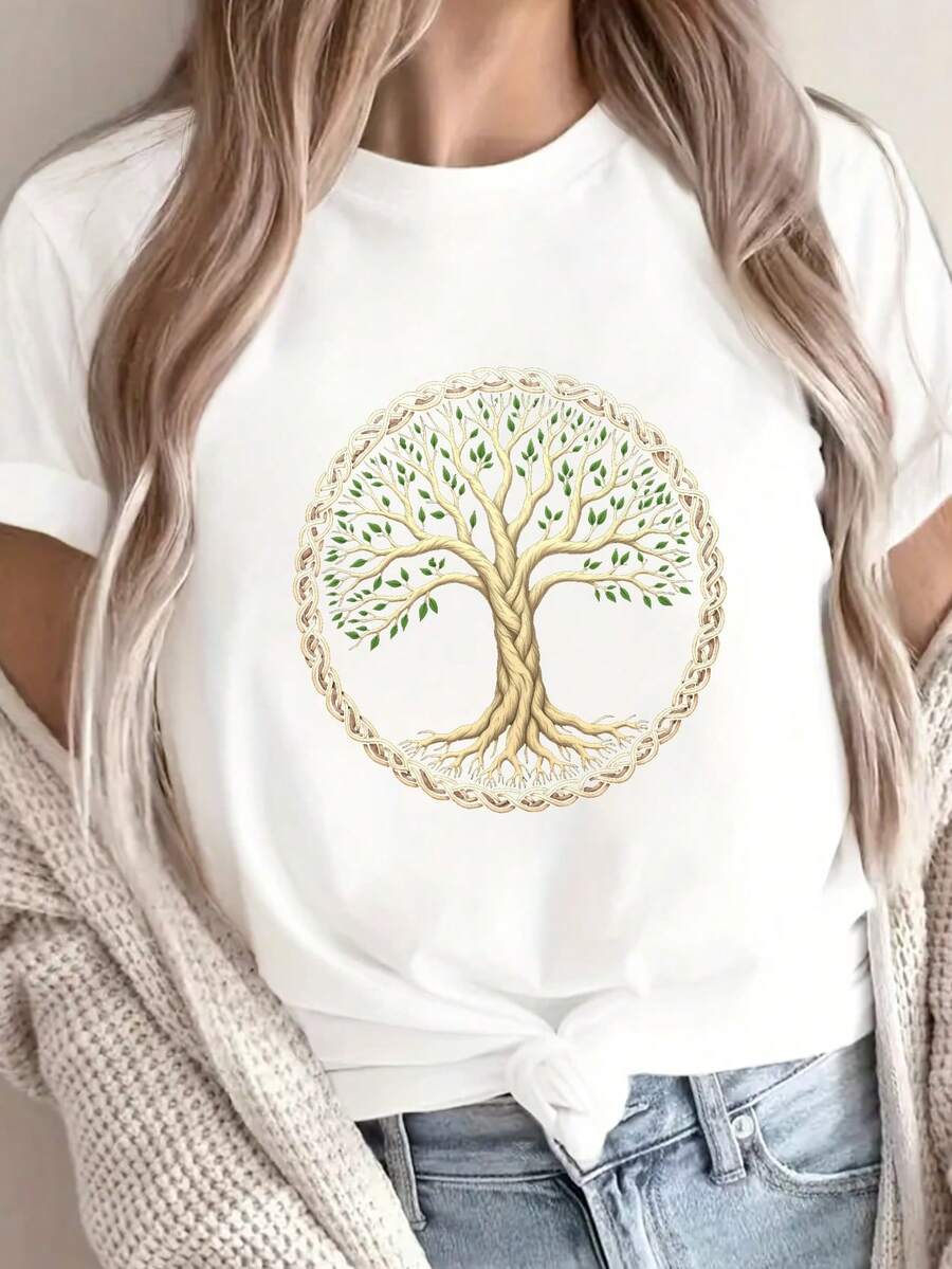 Árbol de la vida con nudos celtas impresión camiseta, manga corta cuello de tripulación top casual para verano y primavera, ropa de mujer