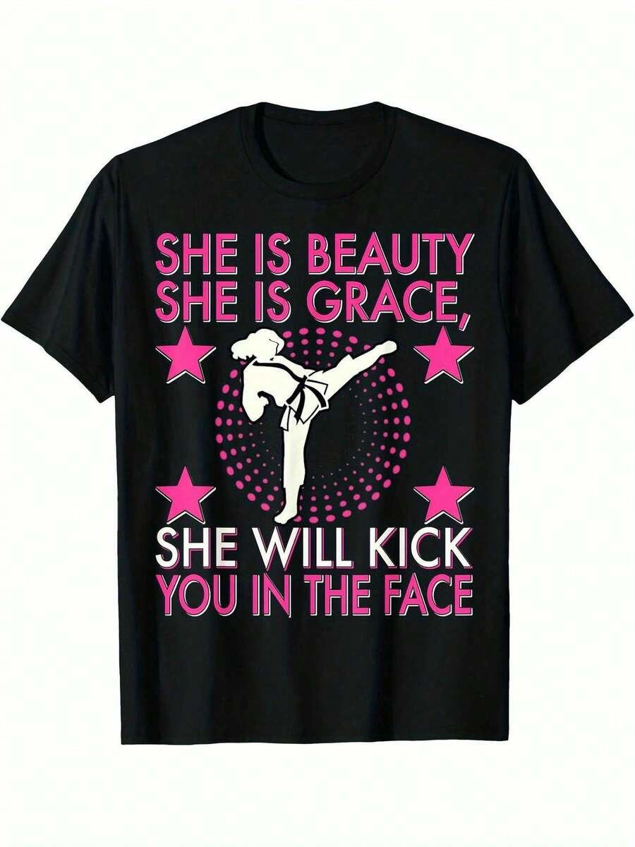 Bold Pink 'SHE IS BEAUTY, SHE IS GRACE' Graphic Black T-Shirt - Features Dynamic Martial Arts Silhouette with Pink Dots and Stars | Empowering Statement Tee with 'SHE WILL KICK YOU IN THE FACE' Text Design | Stylish and Vibrant Everyday Wear only one piece of clothing