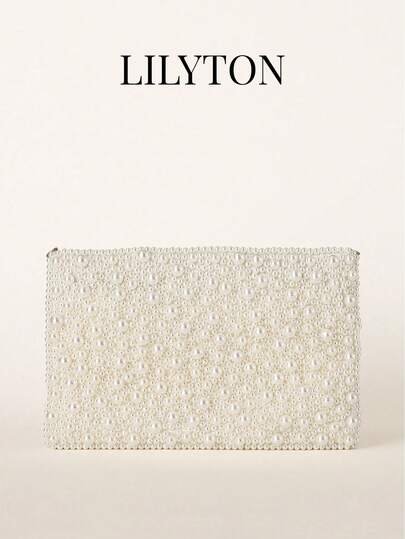 Women's Elegant Pearl Decor Evening Clutch Bag, Detachable Metal Chain Shoulder Strap, Luxury Envelope Wallet Suitable For Wedding, Prom, Party And Cocktail
