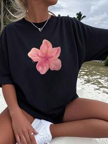 Camiseta de mujer de verano blusa oversize de manga corta con estampado floral ideal para el tiempo libre y las vacaciones en la playa(Retro style, casual style, unisex) - Negro - Ver 7