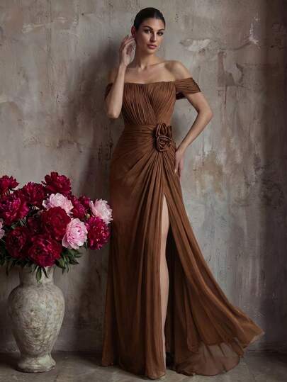 Women's Spring & Summer Elegant Retro Caramel Off Shoulder 3D Floral Ruched Train Evening Dress - Flowy Chiffon Waist-Slimming Heavy-Duty Luxury Style For Wedding Banquets & Party Galas