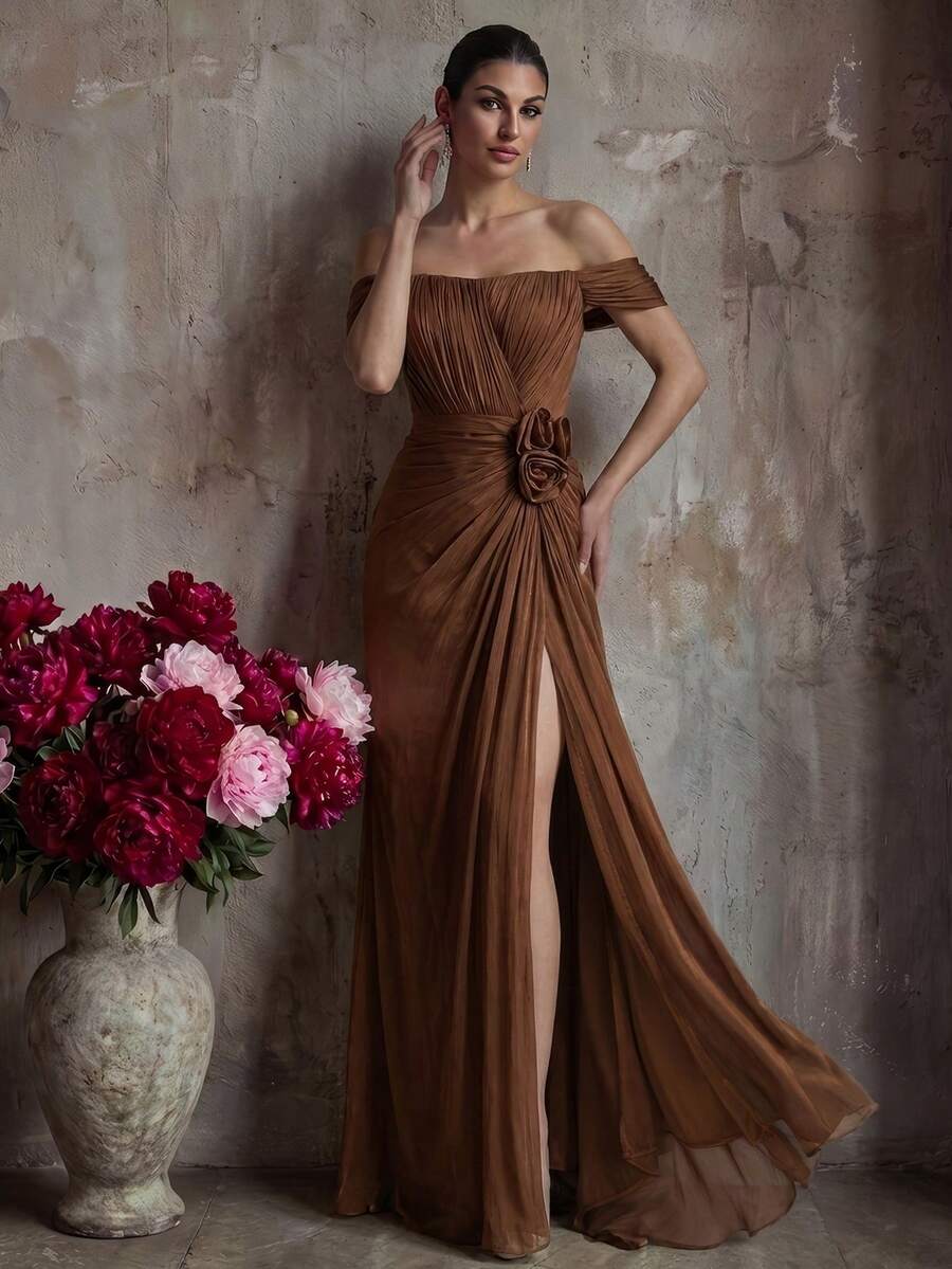 Women's Spring/Summer Elegant Vintage Caramel Off-Shoulder 3D Floral Pleated Train Evening Gown - Flowy Chiffon Waist-Defining Style Party Wedding - Brown - View 1
