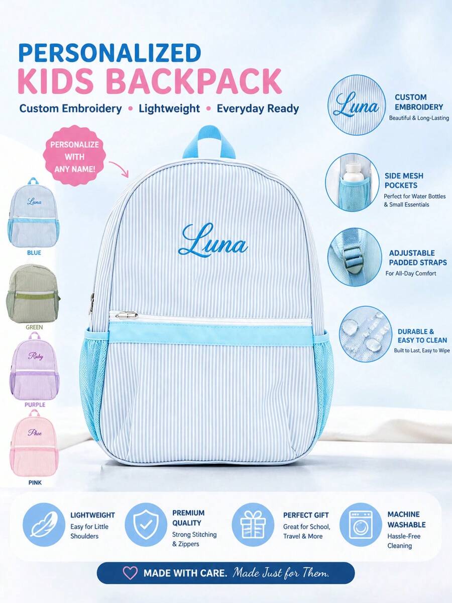 Personalized Children's Backpack With Embroidered Name - Lightweight Kindergarten/School Bag Suitable For Boys & Girls | Customized Back-To-School Backpack, Kindergarten Backpack, Birthday/Holiday Gift