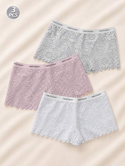 Bộ 3 quần lót ren cạp thấp dành cho nữ, đồ lót ren xuyên thấu họa tiết hoa gợi cảm, quần lót thoáng khí với cạp quần hình trái tim, mềm mại và thoải mái, phù hợp để mặc hàng ngày.