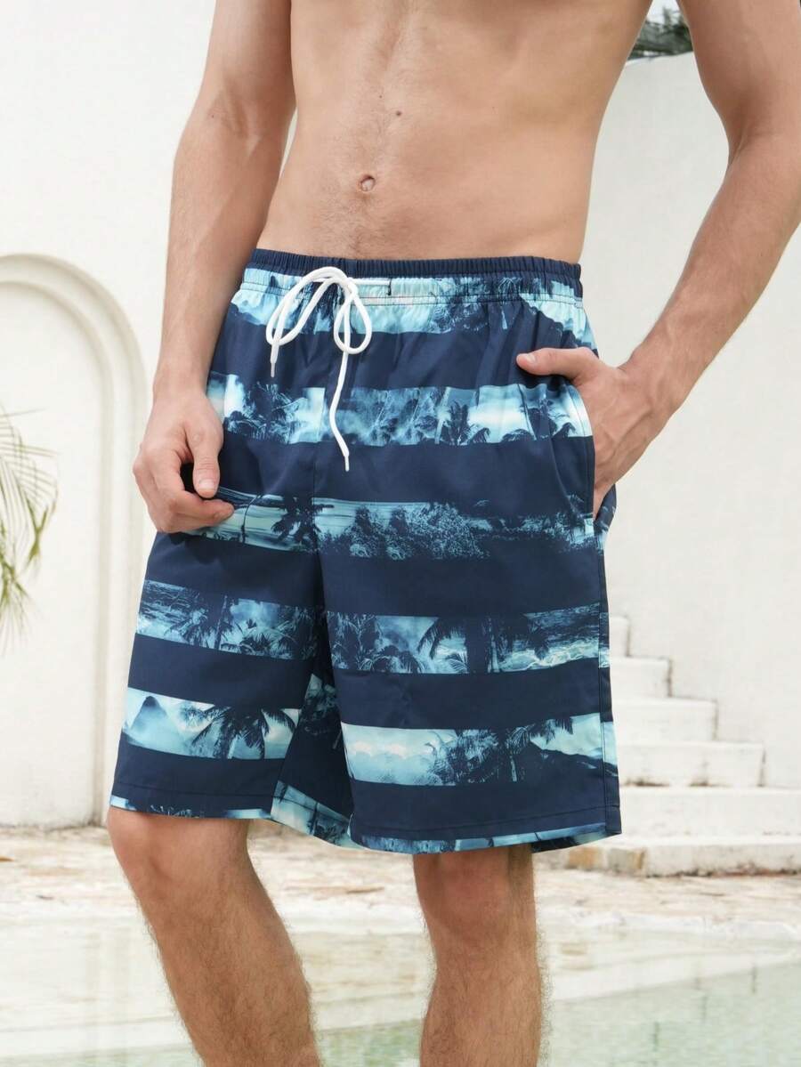 Shorts de playa a rayas azules para hombres, estilo hawaiano