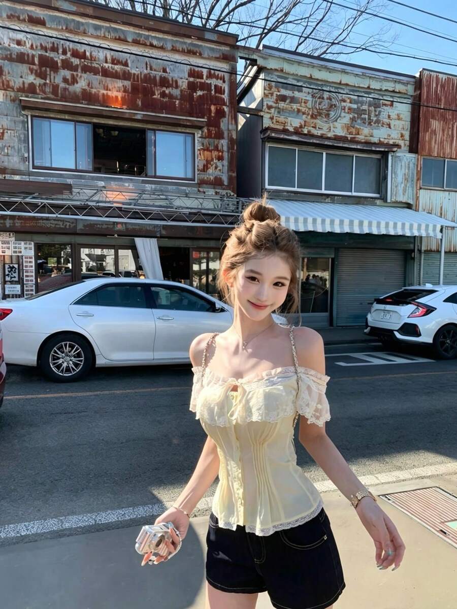 新款性感露肩碎花边百搭上衣,适合女士春夏穿着 - 黃色 - 查看 1