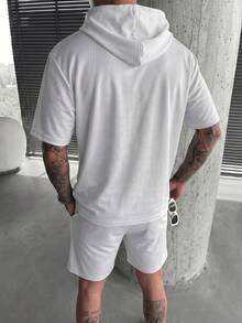 FRACTYR Men's Summer Casual Solid Color Hoodie And Drawstring Waist Shorts Set - White - View 3