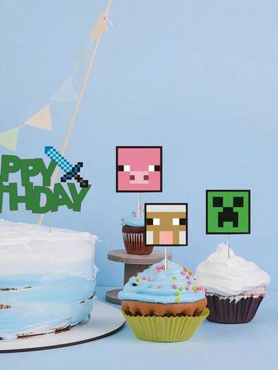Minecraft 我的世界主题生日派对用品套装，包含生日快乐横幅、一次性纸盘、纸杯和餐巾纸，以及像素风我的世界主题派对装饰品，适合生日派对、游戏派对等场合，一次性餐具，易于组装和清洗，适合室内外派对，是我的世界粉丝的绝佳礼物。