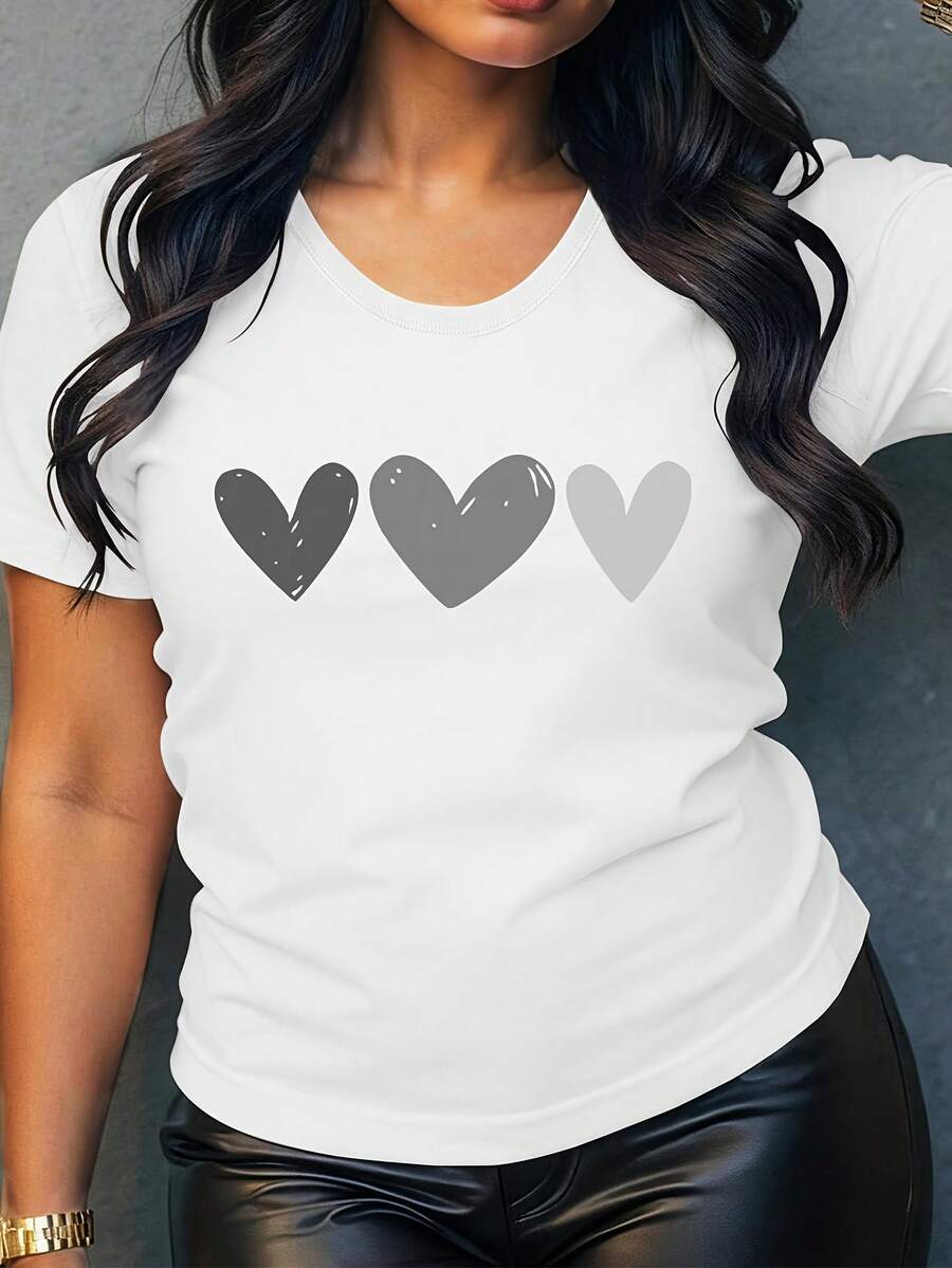Camiseta versátil 14634 en gris con estampado de corazones en blanco y negro, fácil y casual, ideal para la calle, viajes, vacaciones, el día a día, ocio y entretenimiento, conjunto de hermanas, chaqueta a juego.