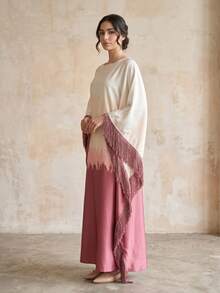 Hafizah 纯色渐变流苏迪拜风格长袍连衣裙，圆领，优雅休闲宽松时尚派对长裙 - 紅白色 - 查看 3