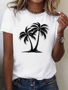Camiseta blanca de las mujeres con fuerte patrón de palmera negra - cuello de tripulación suave manga corta superior, lavable en máquina playa casual y uso diario, adecuado para el verano cómodo, estilo casual, material ligero, camiseta de ajuste cómodo - Blanco - Ver 2