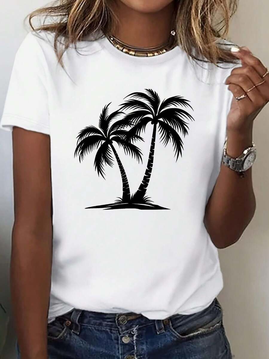 Camiseta blanca de las mujeres con fuerte patrón de palmera negra - cuello de tripulación suave manga corta superior, lavable en máquina playa casual y uso diario, adecuado para el verano cómodo, estilo casual, material ligero, camiseta de ajuste cómodo