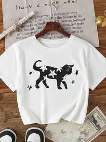 Camiseta de manga corta para mujer, de color albaricoque, con cuello redondo y estampado de gato y estrella, 100% algodón. - Blanco - Ver 7