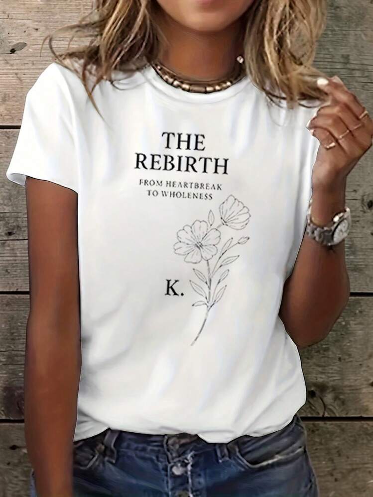 A Graphic Tee With A Floral Design Symbolizing Rebirth From Heartbreak, Perfect For Casual Summer And Spring Wear, Designed For Women - 白色 - 查看 1