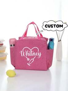 1pc Personalized Name Nurse Tote Bag, Customized Nurse Theme Lunch Bag, Personalized Name, Heartbeat And Stethoscope Print Design, Portable Insulated Lunch Bag, Personalized Nurse Gift - Nurse Canvas Tote Bag Gift - Nurse Graduation Gift - New Nurse Gift - Nurse Graduation Gift - Nursing Student - Multicolor - View 4