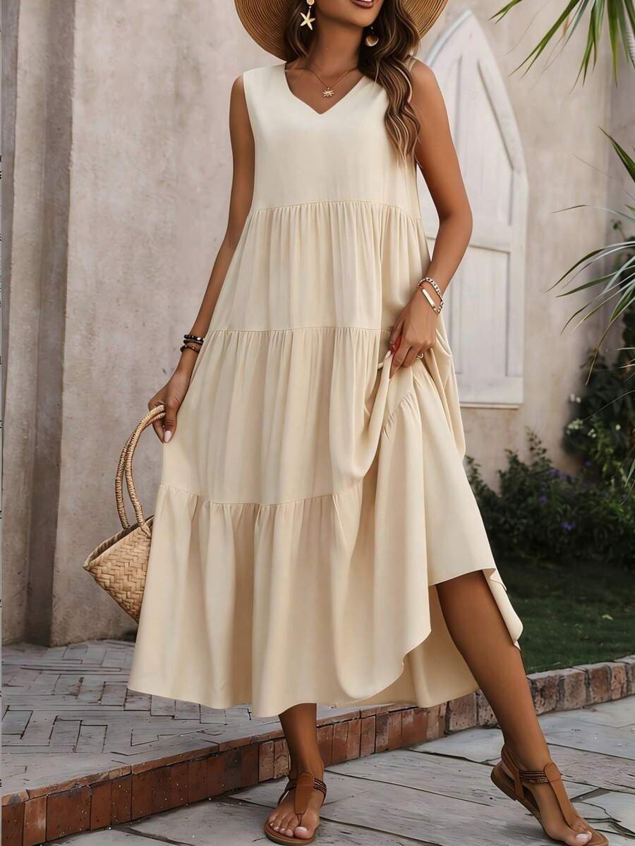 Women's Sleeveless V-Neck Tiered Maxi Dress,Solid Color Casual Swing Dresses,Summer Dress,Plus Size Dresses For Women,Pride,Elegant Dress For Women - 杏色 - 查看 1