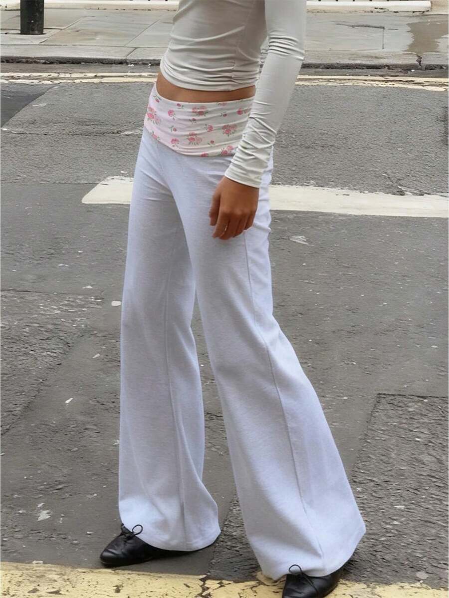 Women's Casual Lightweight Flare Pants Fashion Floral Print Fold Over Waist Wide Leg Trousers for Daily Streetwear - Gris - Ver 1