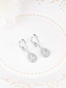 Bông tai bạc 925, mặt dây chuyền hình giọt nước đính đá Cubic Zirconia thanh lịch, thích hợp đeo hàng ngày, quà tặng sinh nhật. - Bạc - Xem 3