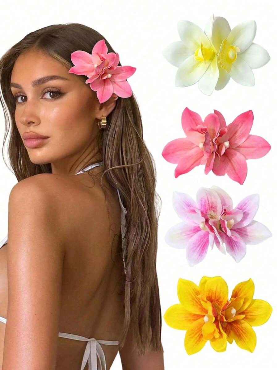 Bohemian Style Hawaiian Floral Hair Clips, Artificial Orchid Decorative Hairpins, Elegant Summer Hair Accessories, Perfect For Beach Party, Holiday, Wedding Ceremony And Daily Casual Outfits - Màu ngẫu nhiên - Xem 1