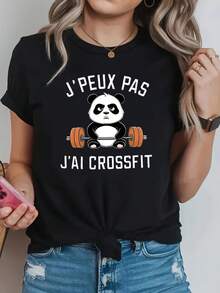 Camiseta Crossfit francesa de mujer "J'peux Pas J'ai" Impresión de la carta Manga corta Crew Cuello Top - Frase francesa, primavera verano blusa casual adecuado para entrenamientos, traje casual y regalos Crossfit - Negro - Ver 2