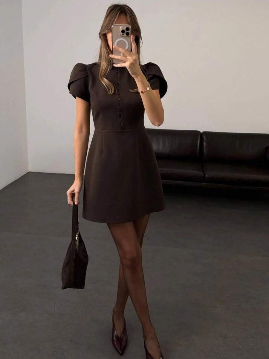Women's Fashionable Versatile Minimalist Button-Up Commuter Dress - Brown - View 1