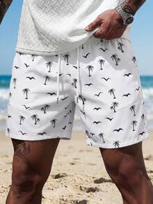 Quần short nam dáng casual đa năng có dây rút eo, in hình cây dừa, thích hợp mặc đi biển mùa hè. - trắng - Xem 1