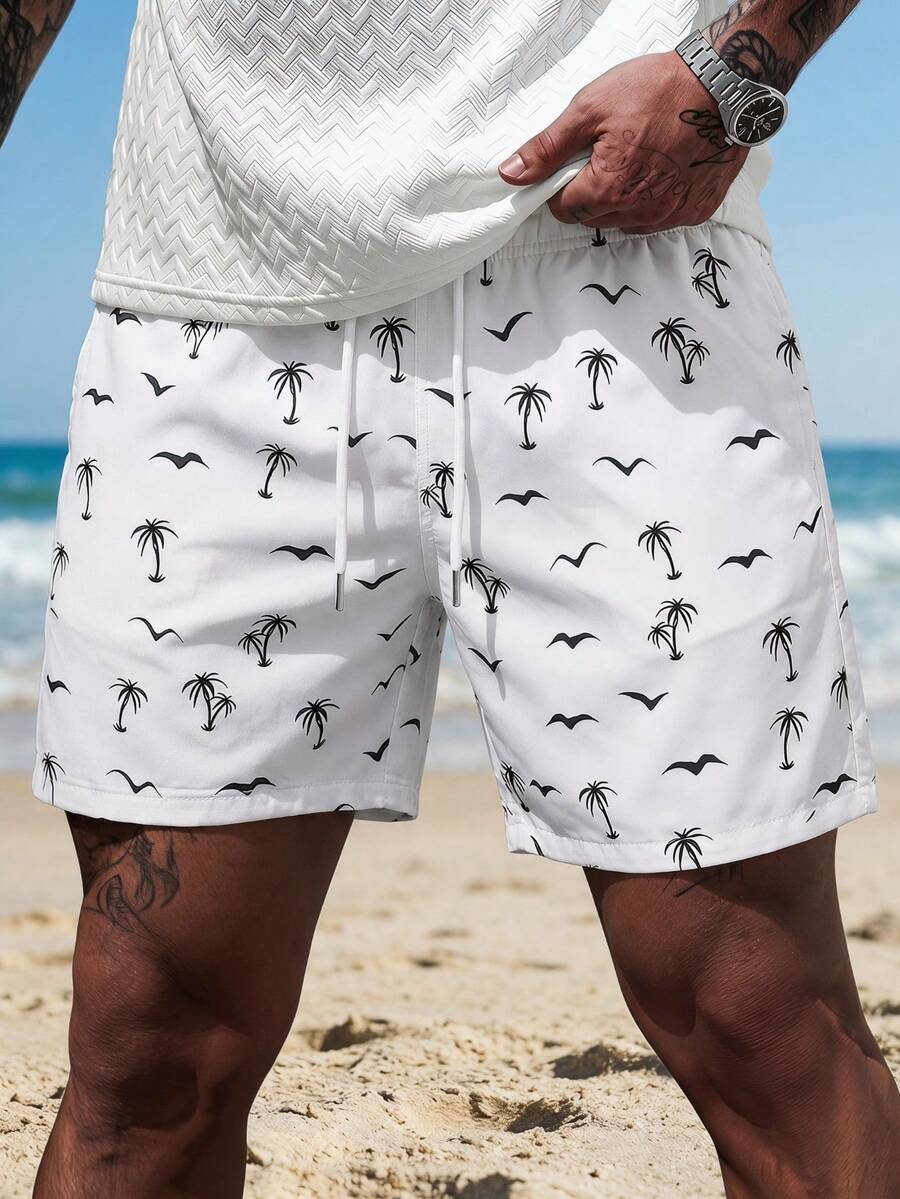 Quần short nam dáng casual đa năng có dây rút eo, in hình cây dừa, thích hợp mặc đi biển mùa hè. - trắng - Xem 1