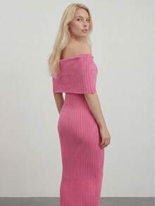 Women's Solid Color Off-Shoulder Fitted Elegant Knit Dress - Pink - View 3