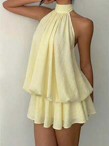 Vestido mini elegante de mujer con cuello de halter y corbata en color amarillo claro - Amarillo - Ver 4