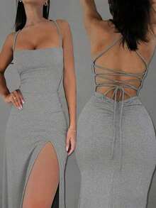 Vestido elegante de unicolor y sexy con espalda descubierta y abertura alta, para fiestas y eventos casuales de verano en color negro - Gris Claro - Ver 8