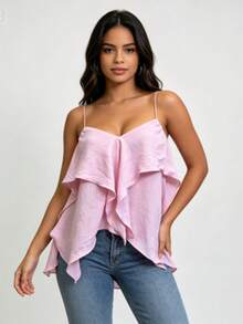 Thin Strappy Top With Pleats And Irregular Hem - 粉色 - 查看 1