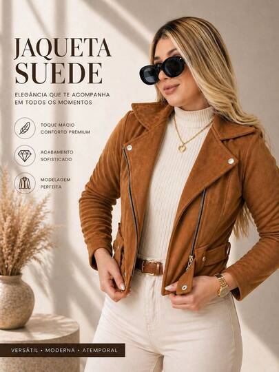 Jaqueta Suede Feminina Casual elegante Zíper Festa Junina