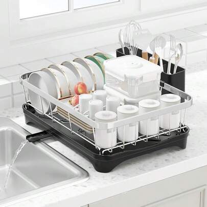 Escurreplatos de acero inoxidable 304, con bandeja de drenaje, ahorro de espacio, secado automático, gran capacidad para platos, tazas y cuencos, color negro